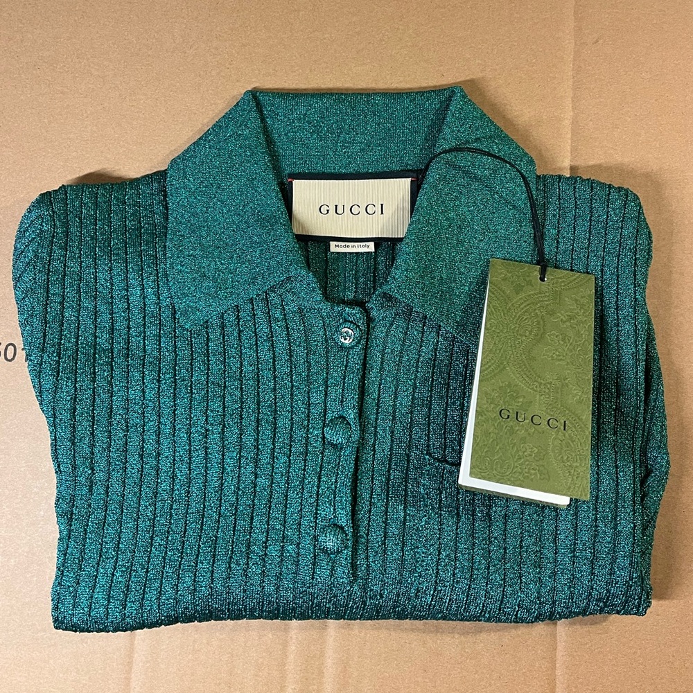Authentic Gucci Rib-Lamé Cropped Polo Shirt size L